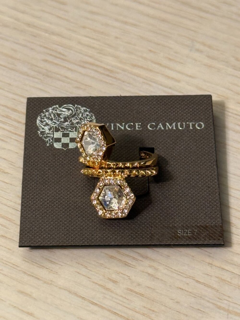NWT Vince Camuto "Diamond in Sky" Gold Hexagon Crystal Stack Ring Set Size 7